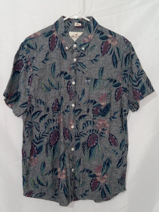 Hollister Other - Hollister Linen Camp Shirt Mens L Gray Floral Collar Short Sleeve Preppy Coastal